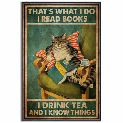 Cat Read Books Drink Tea - Vertical Poster - Owl Ohh - Owl Ohh