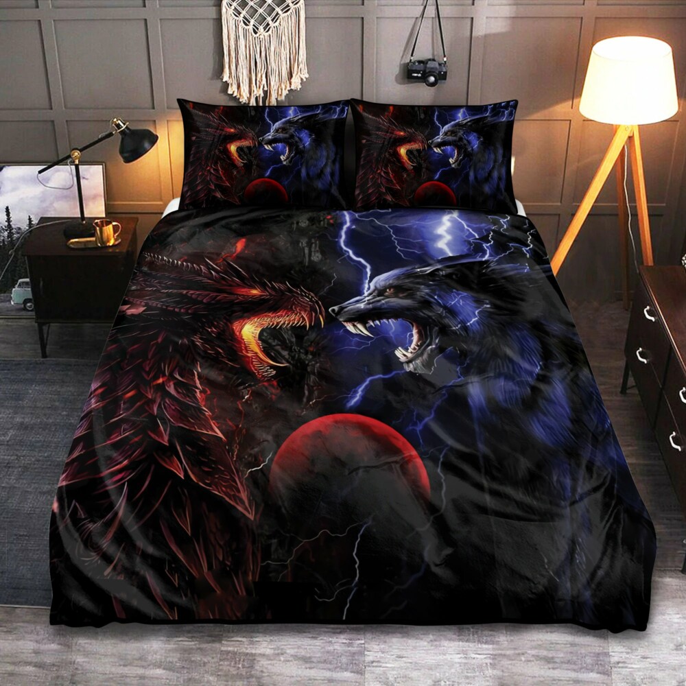 Dragon And Wolf Red And Blue - Bedding Cover - Owl Ohh - Owl Ohh