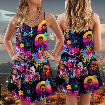 Halloween All Horror Movie Retro Tropical Style - V-neck Sleeveless Cami Dress - Owl Ohh-Owl Ohh