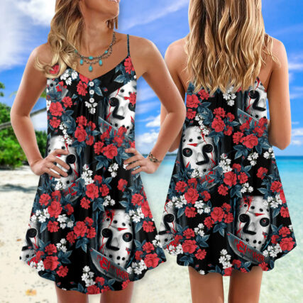 Halloween Jason Voorhees Flower Tropical Style - V-neck Sleeveless Cami Dress - Owl Ohh-Owl Ohh