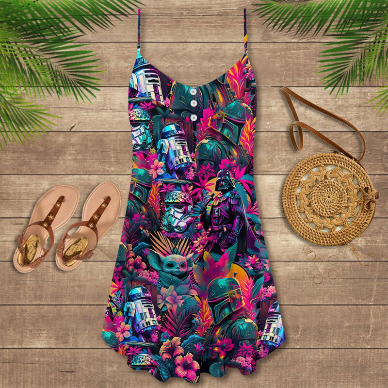 Special Synthwave Color Leaf - V-neck Sleeveless Cami Dress - Owl Ohh-Owl Ohh