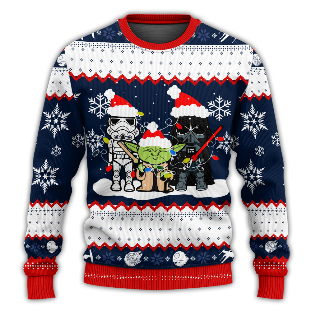 Christmas Star Wars Darth Vader Baby Yoda And Stormtrooper Merry Christmas - Sweater - Ugly Christmas Sweaters