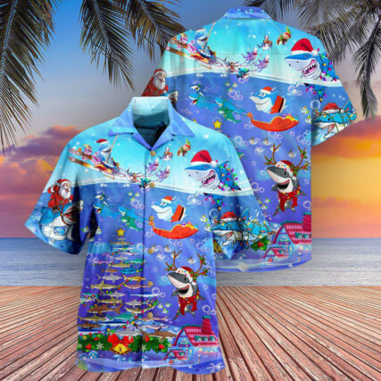 Shark Christmas Santa Shark Sits On Rockets And Brings Gifts To Ocean - Hawaiian Shirt - Owl Ohh - Owl Ohh