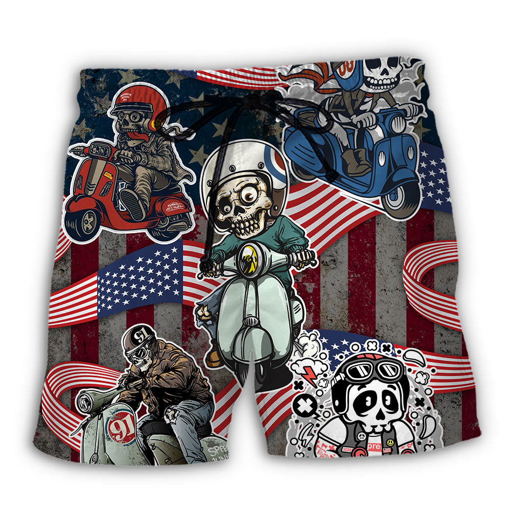 Scooter Skeleton USA Flag Independence Day - Beach Short - Owl Ohh - Owl Ohh