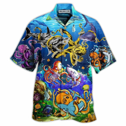 Ocean Shark Fighting Octopus Amazing - Hawaiian Shirt - Owl Ohh - Owl Ohh
