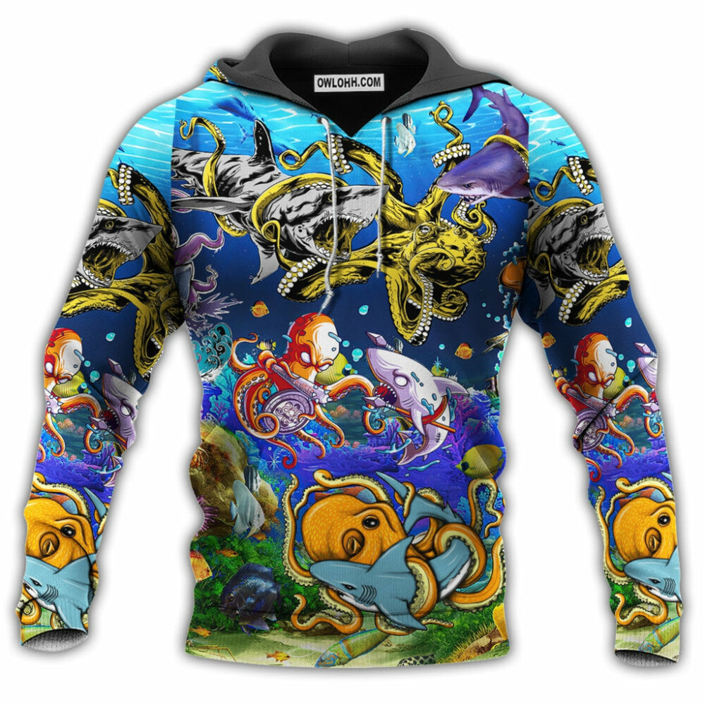 Shark Fighting Lovely Octopus Colorful - Hoodie - Owl Ohh - Owl Ohh