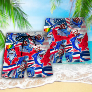 Shark Funny USA Flag Independence Day - Beach Short - Owl Ohh - Owl Ohh