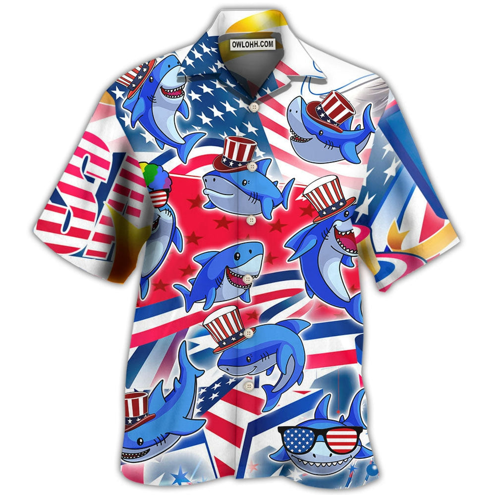 Shark Funny USA Flag Independence Day - Hawaiian Shirt - Owl Ohh - Owl Ohh