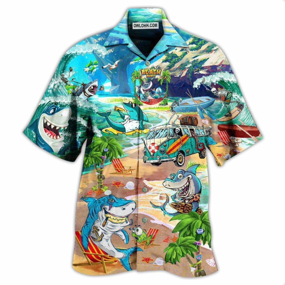Shark And Skeletons On Beach Party - Hawaiian Shirt - Owl Ohh - Owl Ohh