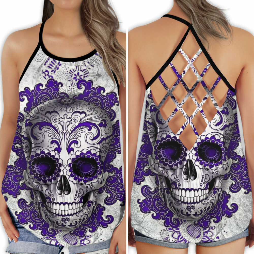 Skull Lady Purple Style - Cross Open Back Tank Top - Owl Ohh - Owl Ohh