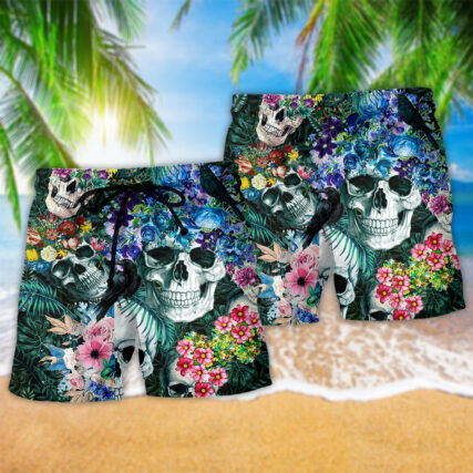 Skull Love Flowers Smile Happy Blue - Beach Short - Owl Ohh - Owl Ohh