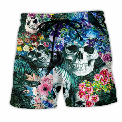 Skull Love Flowers Smile Happy Blue - Beach Short - Owl Ohh - Owl Ohh