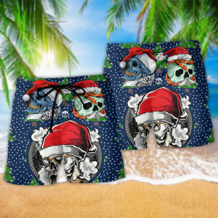 Skull With Santa Hat Merry Christmas Cool - Beach Short - Owl Ohh - Owl Ohh