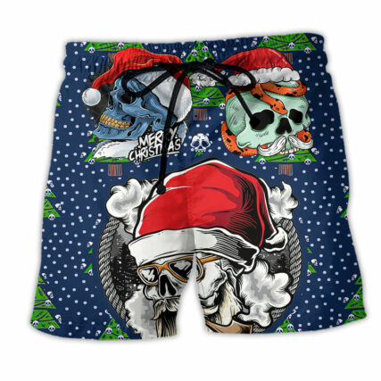 Skull With Santa Hat Merry Christmas Tree - Beach Short - Owl Ohh - Owl Ohh