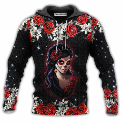 Skull Girl Loves Red Rose Black And Red - Hoodie - Owl Ohh - Owl Ohh