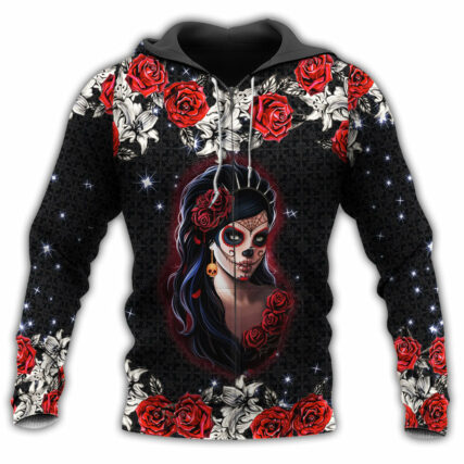 Skull Girl Loves Red Rose Black And Red - Hoodie - Owl Ohh - Owl Ohh
