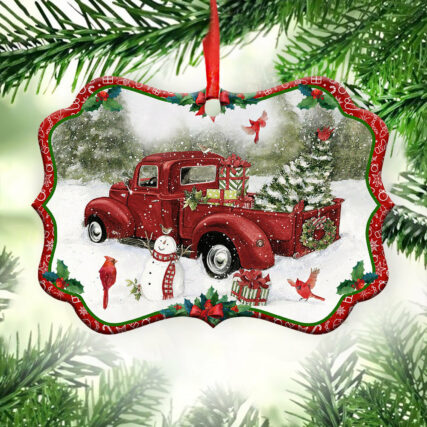 Red Truck Snowman For Christmas - Horizontal Ornament - Owl Ohh - Owl Ohh