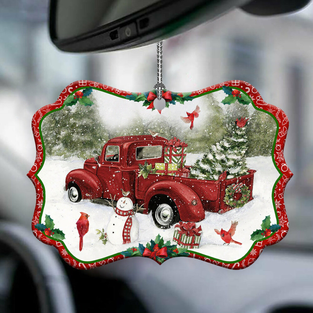 Red Truck Snowman For Christmas - Horizontal Ornament - Owl Ohh - Owl Ohh