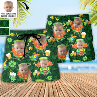ST Patrick's Day Lucky Coin Shamrock Art Funny Custom Photo - Beach Short - Personalized Photo Gifts - Owl Ohh