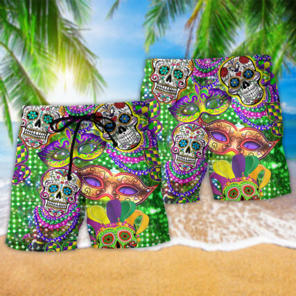 Sugar Skull Mardi Gras Color - Beach Short - Owl Ohh - Owl Ohh