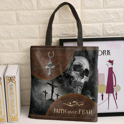 Skull Faith Over Fear Skull Leather Style - Tote Bag - Owl Ohh - Owl Ohh