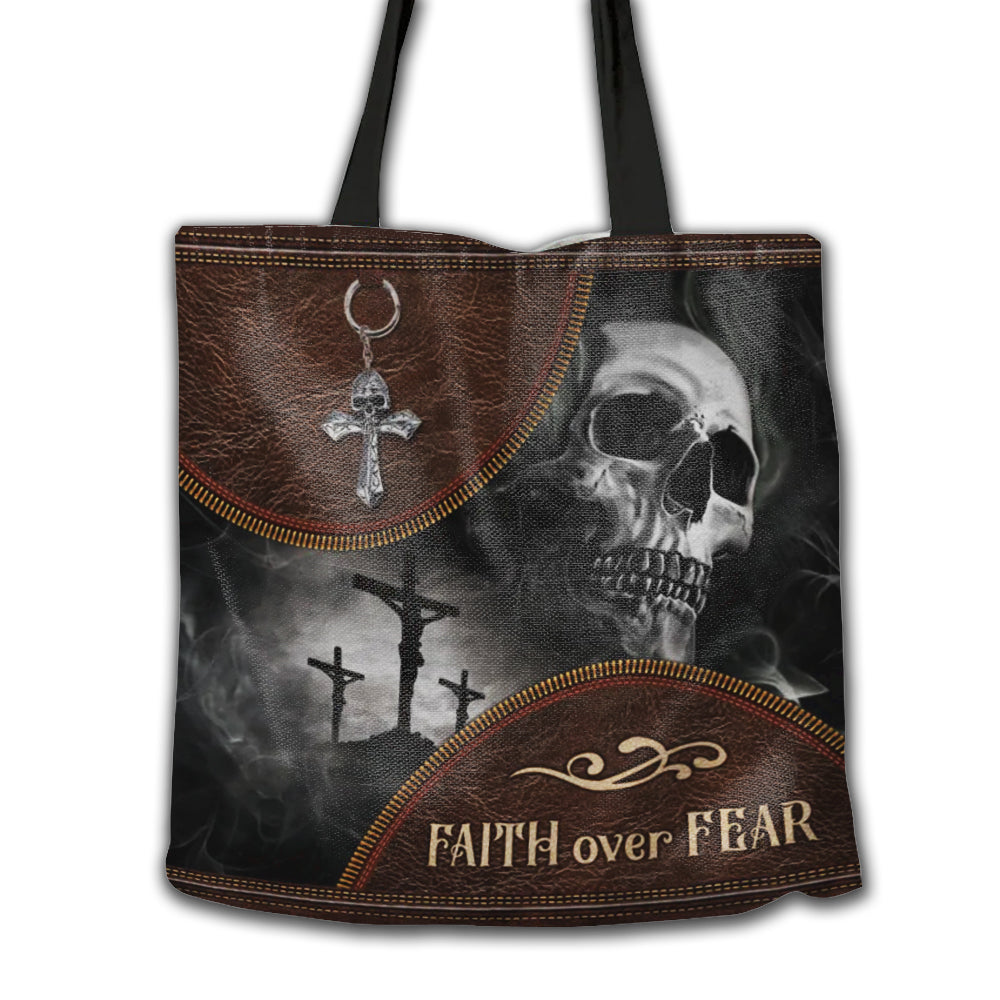 Skull Faith Over Fear Skull Leather Style - Tote Bag - Owl Ohh - Owl Ohh