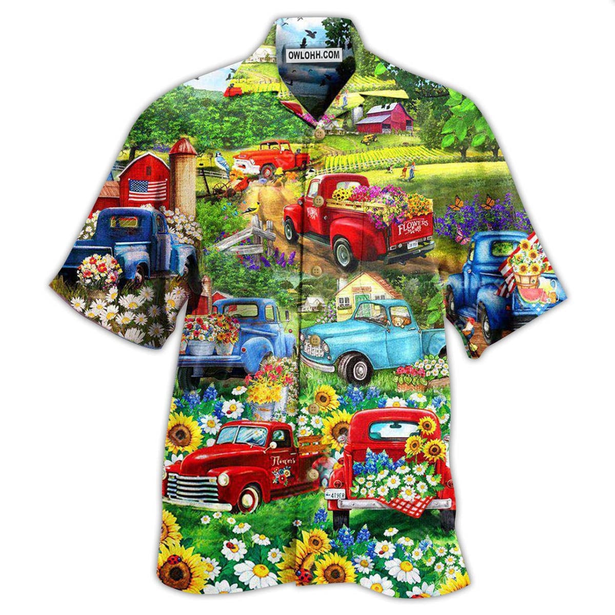 Truck Flower Pickup In The Flower Field - Hawaiian Shirt - Owl Ohh - Owl Ohh