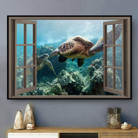 Turtle Window View Blue Sea - Horizontal Poster - Owl Ohh - Owl Ohh