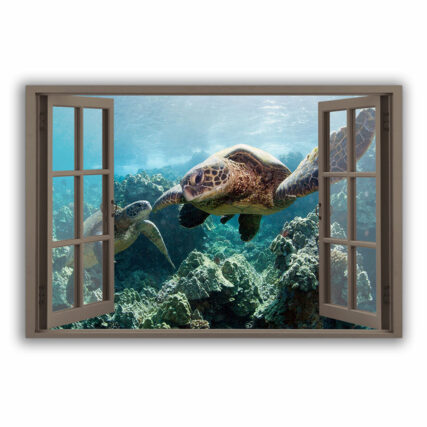 Turtle Window View Blue Sea - Horizontal Poster - Owl Ohh - Owl Ohh