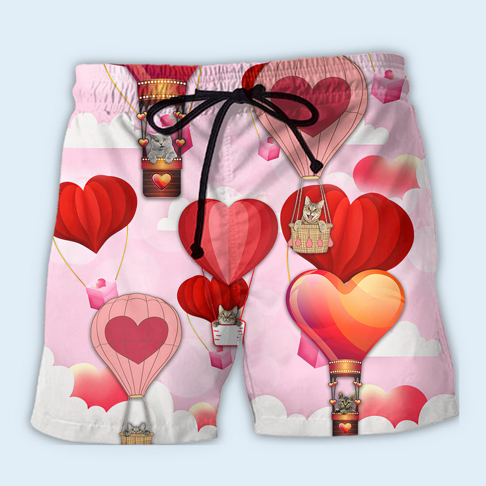 Cat Women's Day, Valentine Gift Cat Play With Hot Air Balloon - Beach Short - Owl Ohh - Owl Ohh