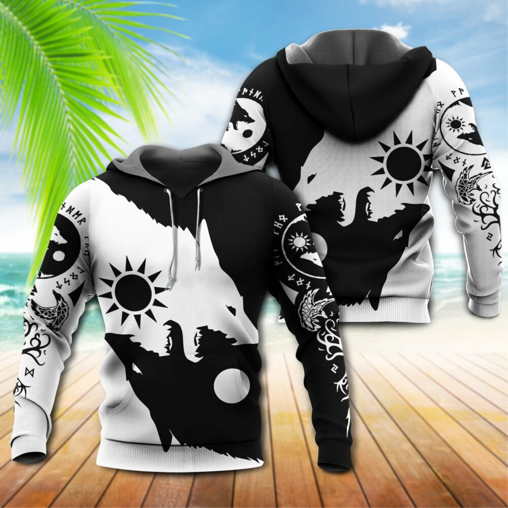 Viking Wolf Loves Moon Black And White Nice Pattern - Hoodie - Owl Ohh - Owl Ohh