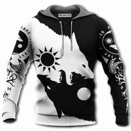 Viking Wolf Loves Moon Black And White Nice Pattern - Hoodie - Owl Ohh - Owl Ohh