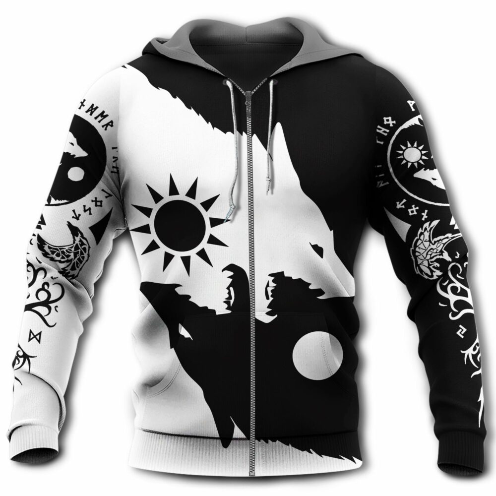 Viking Wolf Loves Moon Black And White Nice Pattern - Hoodie - Owl Ohh - Owl Ohh