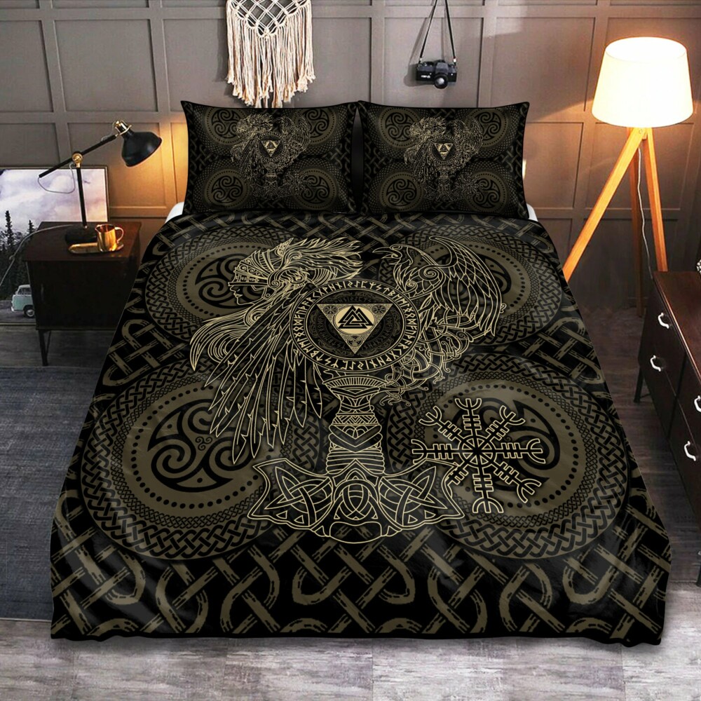 Viking Valknut With Helm Of Awe And Horn Triskelion - Bedding Cover - Owl Ohh - Owl Ohh