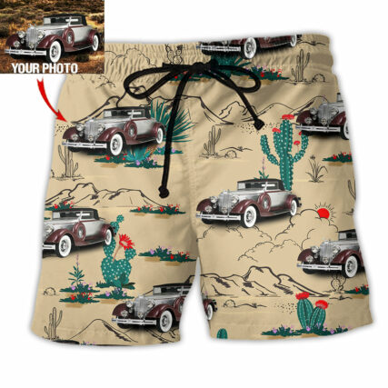 Vintage Car On The Desert Basic Style Custom Photo - Beach Short - Owl Ohh - Owl Ohh