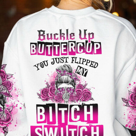 BUCKLE UP BUTTERCUP ROSE SKULL MESSY BUN ALL OVER PRINT - TLNO1804233