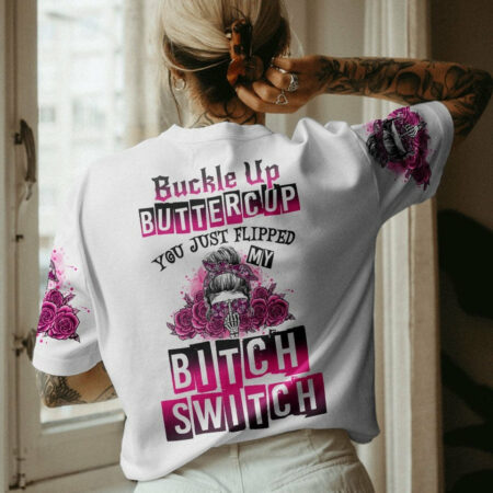 BUCKLE UP BUTTERCUP ROSE SKULL MESSY BUN ALL OVER PRINT - TLNO1804233