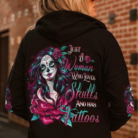 JUST A WOMAN WHO LOVES SKULLS AND HAS TATTOOS ALL OVER PRINT - YHDU0604232
