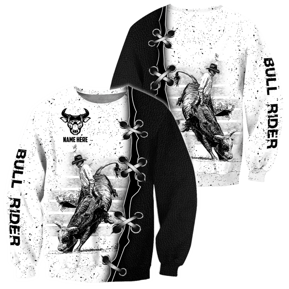 Personalized Name Bull Riding Hoodie Printed Unisex Shirts Black And White Bull Rider