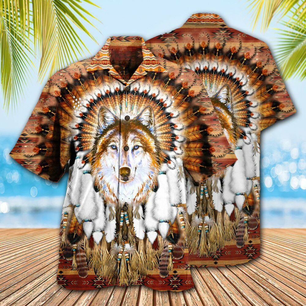 Native American Wolf Feather Headdress Cool - Hawaiian Shirt - Owl Ohh - Owl Ohh