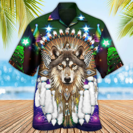 Native Wolf And Merry Christmas Cool - Hawaiian Shirt - Owl Ohh - Owl Ohh