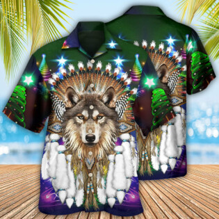 Native Wolf And Merry Christmas Cool - Hawaiian Shirt - Owl Ohh - Owl Ohh