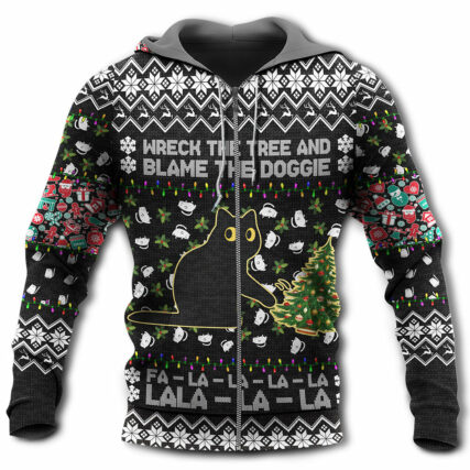 Black Cat Wreck The Tree And Blame The Doggie Merry Christmas La La - Hoodie - Owl Ohh - Owl Ohh