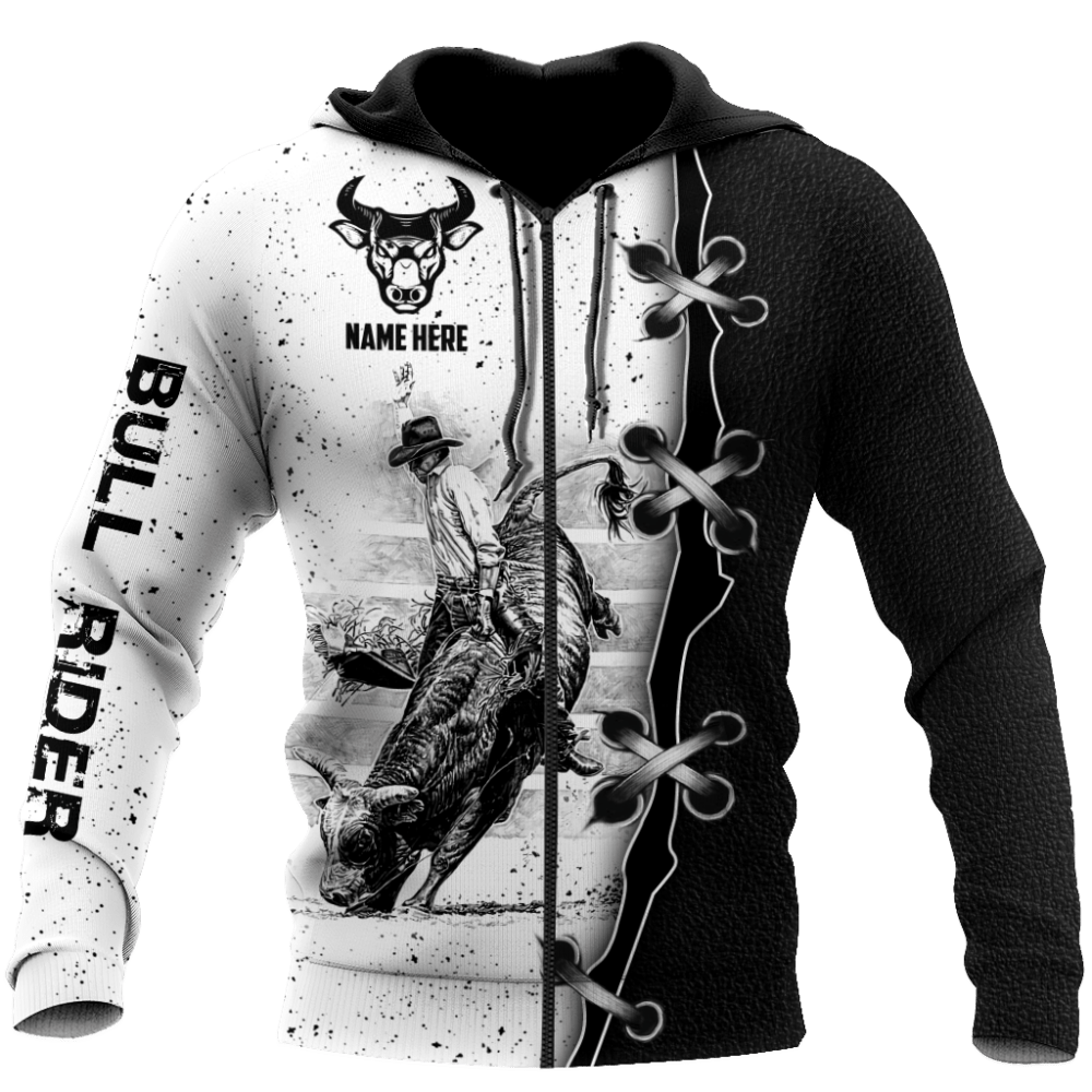 Personalized Name Bull Riding Hoodie Printed Unisex Shirts Black And White Bull Rider