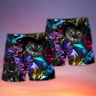 Cat Funny Neon Light Colorful Style - Beach Short - Owl Ohh - Owl Ohh