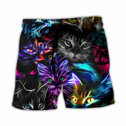 Cat Funny Neon Light Colorful Style - Beach Short - Owl Ohh - Owl Ohh