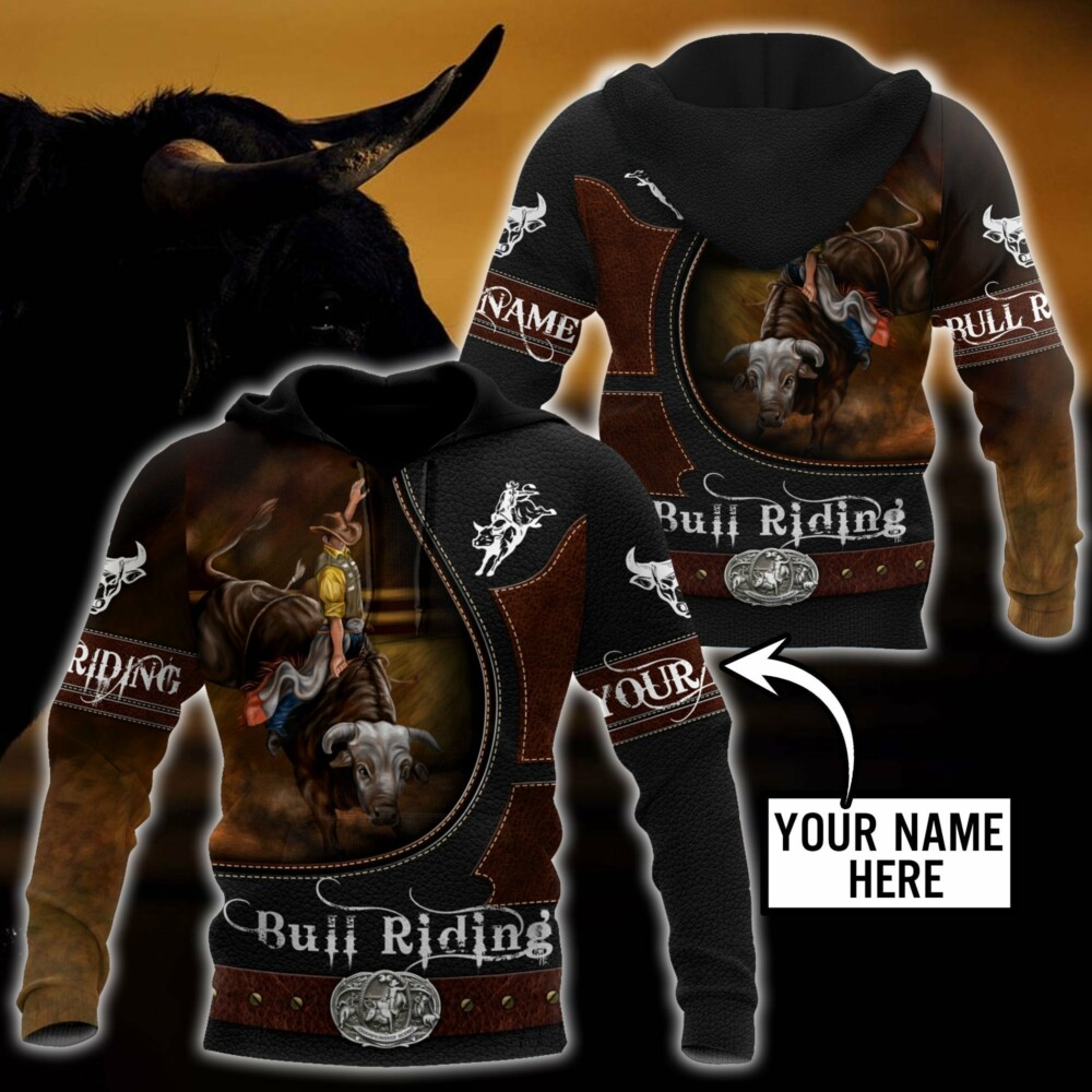 Personalized Name Bull Riding Hoodie Printed Unisex Shirts Brown Ver2