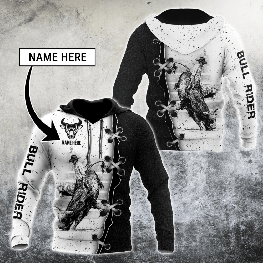 Personalized Name Bull Riding Hoodie Printed Unisex Shirts Black And White Bull Rider