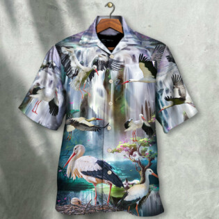 Stork Bird In The Dreamy Waterfall - Hawaiian Shirt - Owl Ohh - Owl Ohh