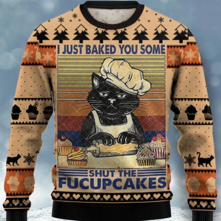 Fucupcakes Black Cat Chef Ugly Sweater Print Crewneck Sweatshirt